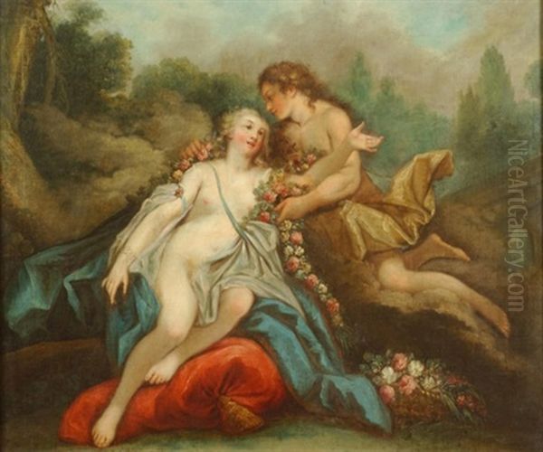 Un Berger Et Une Bergere Assis Pres D'un Arbre Oil Painting by Jean Baptiste Huet