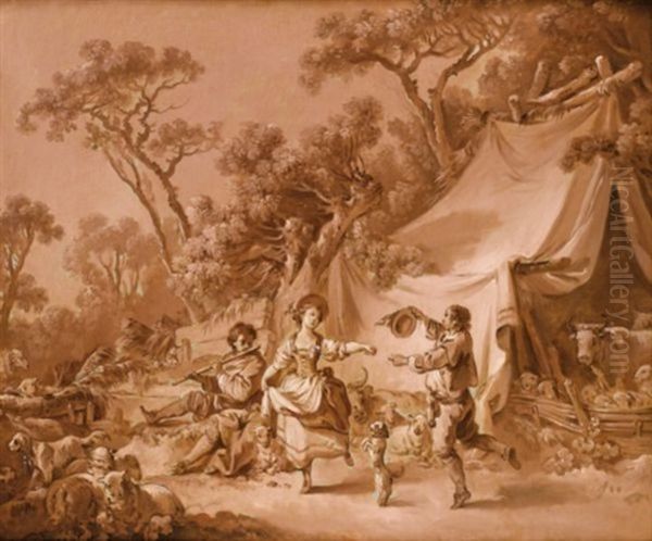 Jeune Couple Dansant Dans Une Foret (+ Bergeres Et Musicien Se Reposant Pres D'une Fontaine; Pair) Oil Painting by Jean Baptiste Huet