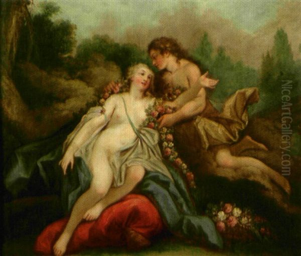 Un Berger Et Une Bergere Assis Pres D'un Arbre Oil Painting by Jean Baptiste Huet