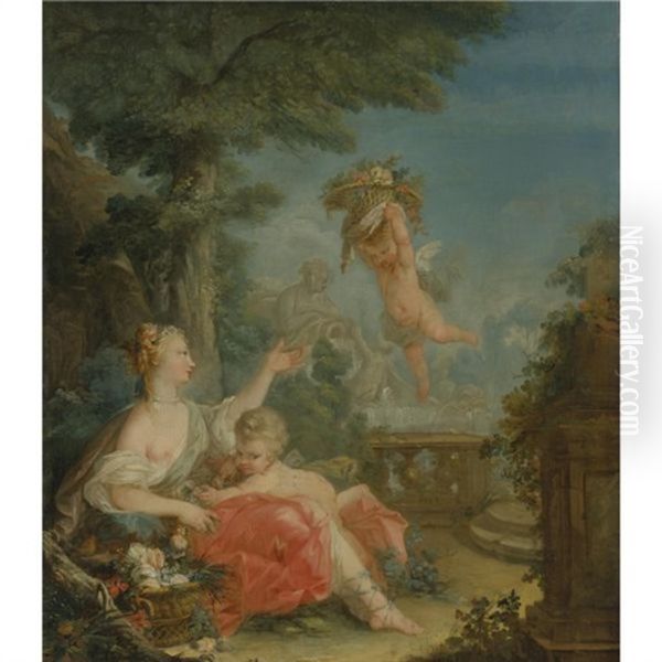 A Shepherdess In A Landscape With A Putto Holding A Basket Of Flowers Oil Painting by Jean Baptiste Huet