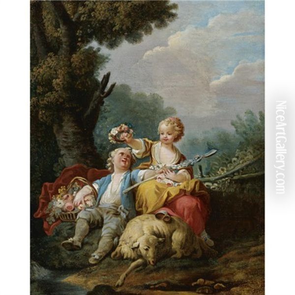 A Young Shepherd And Shepherdess Seated In A Pastoral Landscape Oil Painting by Jean Baptiste Huet