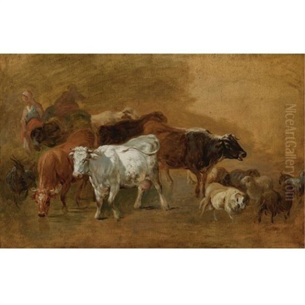 Cattle And Sheep Driven By Peasants (sketch) Oil Painting by Jean Baptiste Huet