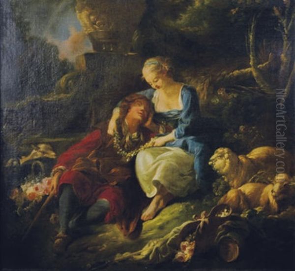 A Shepherd And Shepherdess Resting In A Landscape Oil Painting by Jean Baptiste Huet