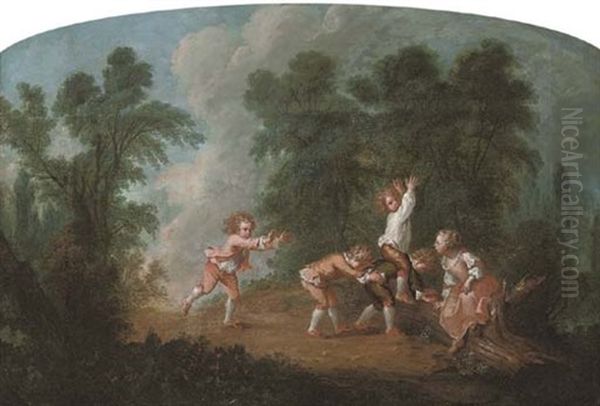 A Wooded River Landscape With Women Bathing (+ A Wooded Landscape With Children Playing Leap-frog; Pair) Oil Painting by Jean Baptiste Huet