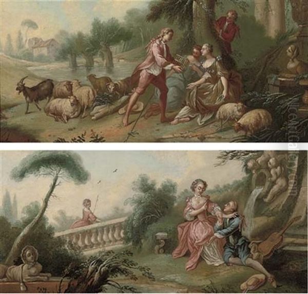 An Amorous Couple In A Garden (+ A Shepherd With His Flock Courting Two Ladies; Pair) Oil Painting by Jean Baptiste Huet