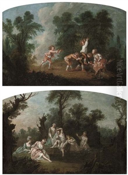 A Wooded River Landscape With Women Bathing (+ A Wooded Landscape With Children Playing Leap-frog; Pair) Oil Painting by Jean Baptiste Huet