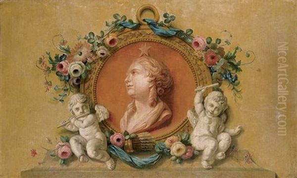 Allegorie De L'aurore Dans Un Medaillon Decore De Guirlandes De Fleurs Et Entoure De Deux Putti Musiciens Oil Painting by Jean Baptiste Huet