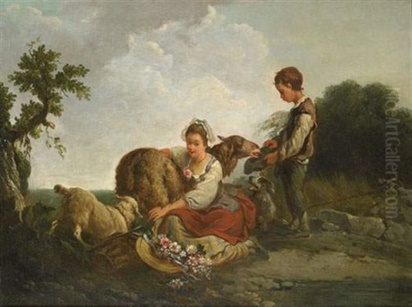 Les Jeunes Bergers Oil Painting by Jean Baptiste Huet