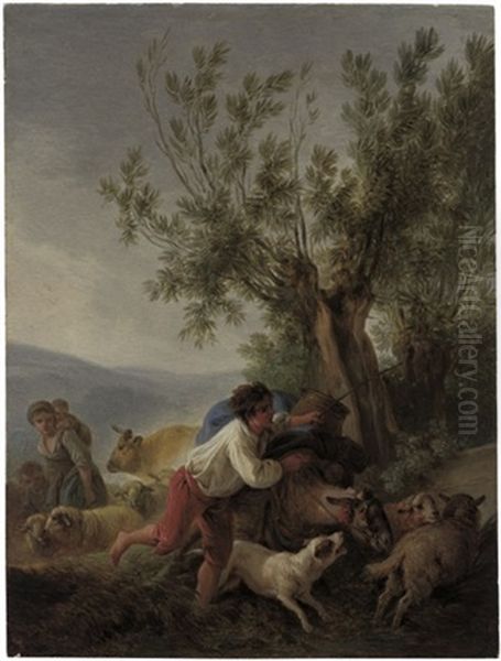 Der Durchgehende Esel: Eine Schaferfamilie Mit Ihrem Vieh In Einer Landschaft Oil Painting by Jean Baptiste Huet