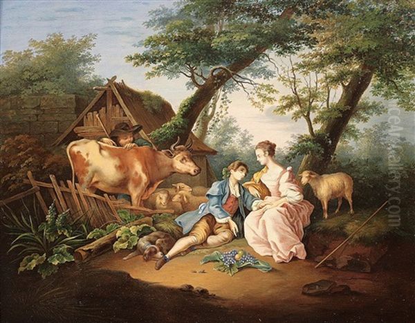 Galantes Paar In Landlicher Umgebung Oil Painting by Jean Baptiste Huet