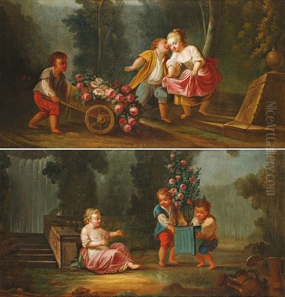 Les Enfants Jardiniers (+ Another; Pair) Oil Painting by Jean Baptiste Huet