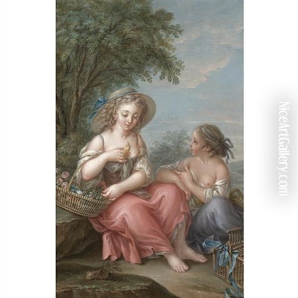 Two Young Girls Sitting In A Landscape With A Pet Canary by Jean Baptiste Huet