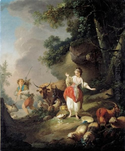 Les Oeufs Casses: A Shepherdess Startled By A Drover And His Cattle In A Pastoral Landscape Oil Painting by Jean Baptiste Huet