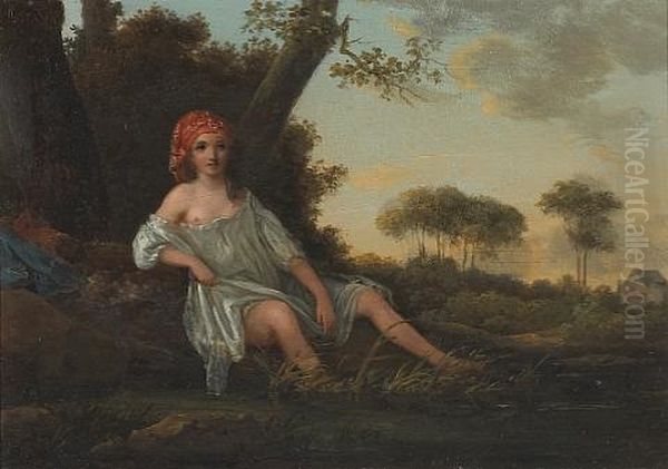 A Girl Resting By A Pond With A Farmhouse Beyond Oil Painting by Jean Baptiste Huet