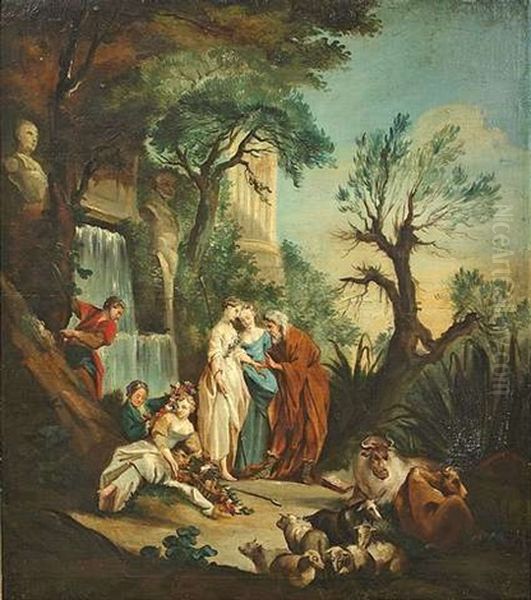 Arkadische Landschaft Mit Jungen Hirten Und Hirtinnen, Die Mit Ihrem Vieh In Der Nahe Eines Brunnens Rasten Oil Painting by Jean Baptiste Huet