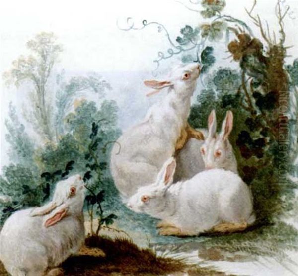 A Study Of Four Rabbits In A Landscape Oil Painting by Jean Baptiste Huet