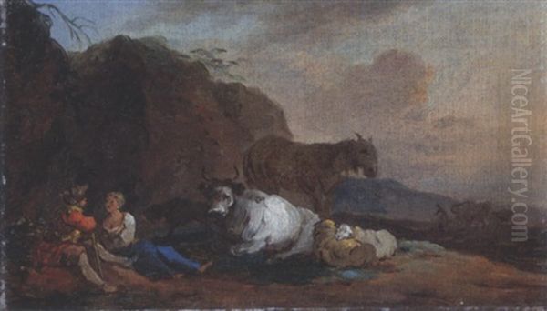 Hirtenpaar Mit Kuhen Und Schafen In Der Landschaft by Jean Baptiste Huet