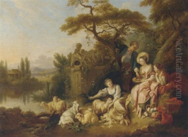 A Pastoral River Landscape With A Shepherd And Shepherdesses Oil Painting by Jean Baptiste Huet