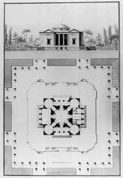 Plan Et Coupe D'un Pavillon D'inspiration Palladienne Au Milieu D'un Parc Oil Painting by Jean-Benoit V. Barre