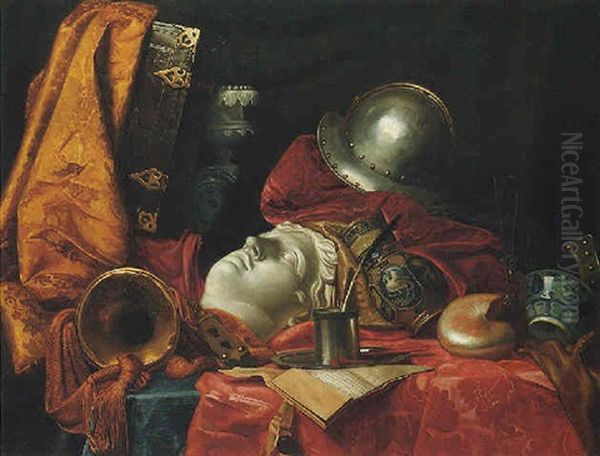 Still Life With A Helmet, Trumpet, Shell, Stoneware Vase, Blue-and-white Porcelain Bowl And Wineglass Oil Painting by Jean Baptiste Huet