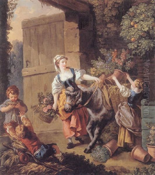 A Flower-seller Setting Off For Market Oil Painting by Jean Baptiste Huet