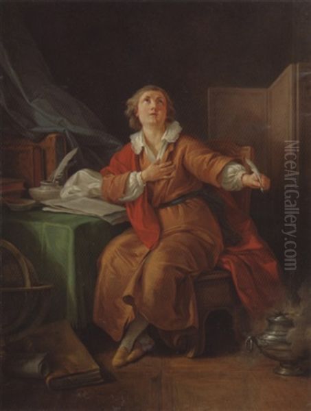 Portrait Of Marie-joseph Chenier, A Quill In His Left Hand Oil Painting by Jean Baptiste Huet