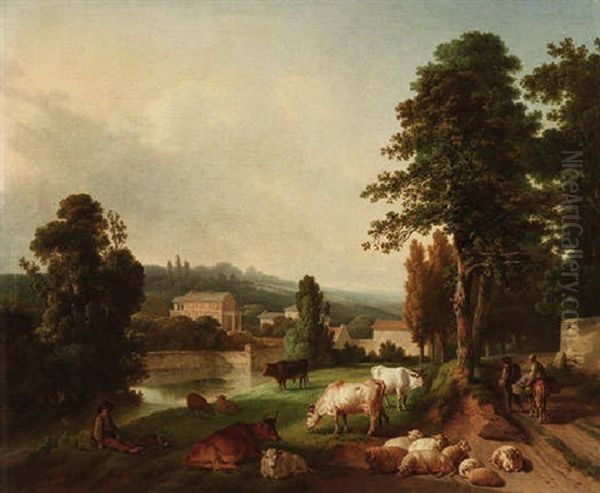 Fluslandschaft Mit Hirten Und Vieh Bei Villiers-sur-orge Oil Painting by Jean Baptiste Huet