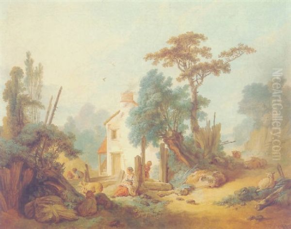 A Shepherdess Resting In A Landscape Oil Painting by Jean Baptiste Huet