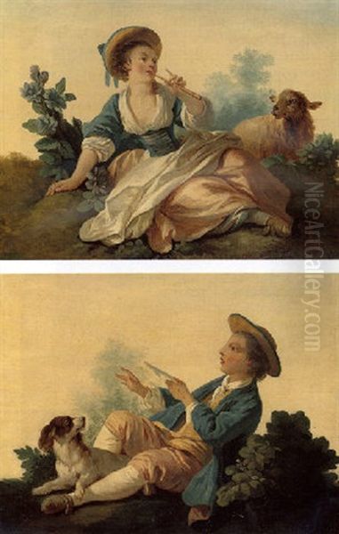 A Young Girl Playing A Flute With Her Sheep Oil Painting by Jean Baptiste Huet