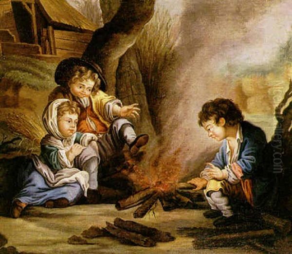 Jeunes Enfants Pres D'un Brasero Oil Painting by Jean Baptiste Huet