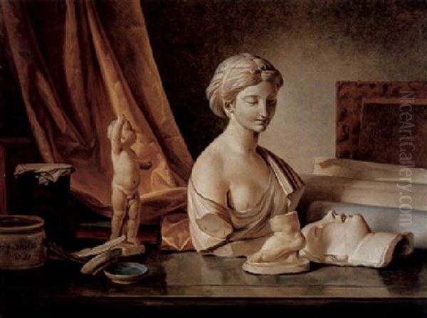 A Still Life With Pieces Of Sculpture, Bowls, Quill Pens, And Other Objects, All On A Table With A Draped Curtain Behind Oil Painting by Jean Baptiste Huet