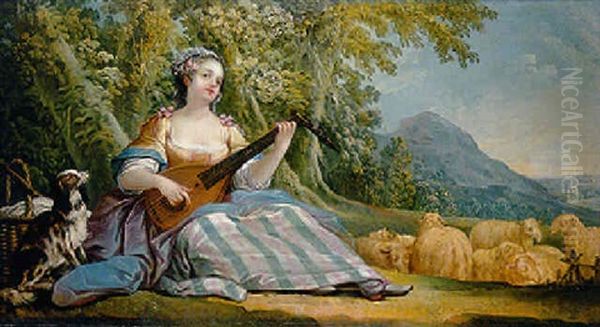 A Shepherdess Playing A Mandolin In A Mountainous Landscape Oil Painting by Jean Baptiste Huet