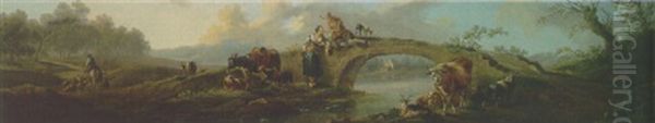 A River Landscape With A Goatherd And A Girl By A Bridge, A Shepherd And Sheep On A Path Beyond Oil Painting by Jean Baptiste Huet