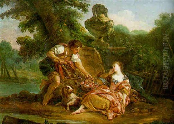 A Pastoral Scene With A Gardener Presenting A Sleeping Maiden With A Basket Of Flowers Oil Painting by Jean Baptiste Huet