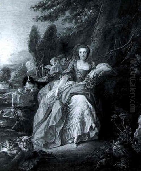 Portrait De Jeune Femme En Robe Rose Dans Un Paysage Oil Painting by Jean Baptiste Huet