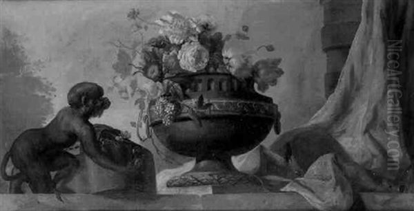 Nature Morte Au Bouquet De Fleurs, Instruments De Musique Et Singe Oil Painting by Jean Baptiste Huet