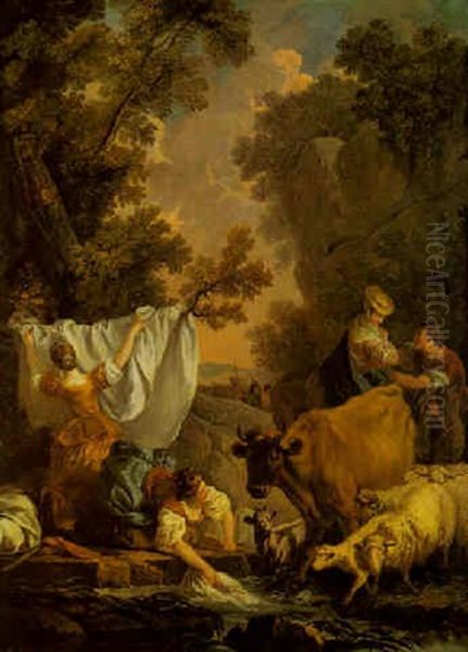 Les Lavandieres Oil Painting by Jean Baptiste Huet