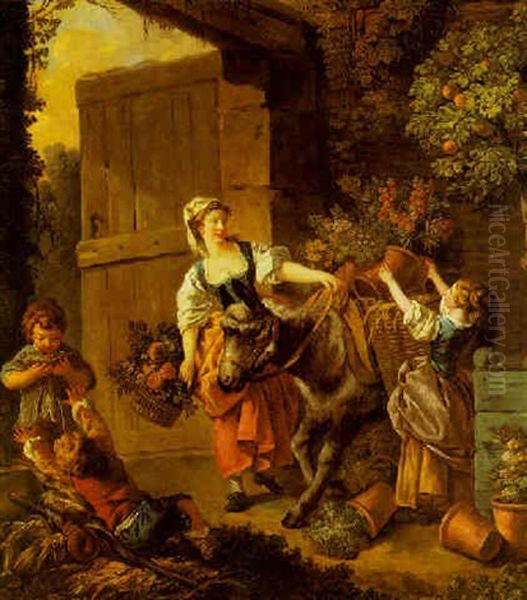 A Flower-seller Setting Off For Market Oil Painting by Jean Baptiste Huet