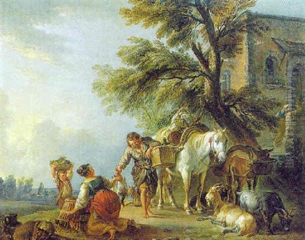 Le Depart Pour Le Marche Oil Painting by Jean Baptiste Huet