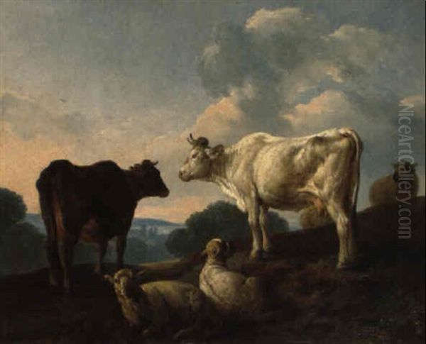 Kuhe Und Schafe In Einer Landschaft Oil Painting by Jean Baptiste Huet