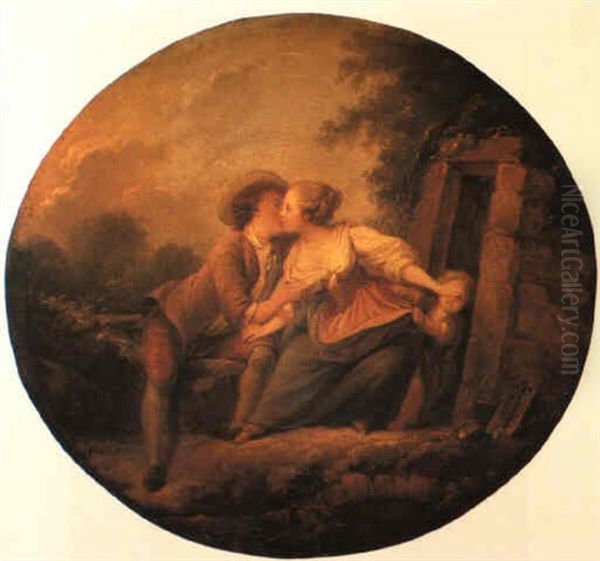 An Amorous Couple With A Child By A Ruined Gate Oil Painting by Jean Baptiste Huet