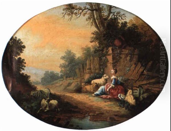 A Shepherd Resting At The Foot Of A Tree Oil Painting by Jean Baptiste Huet