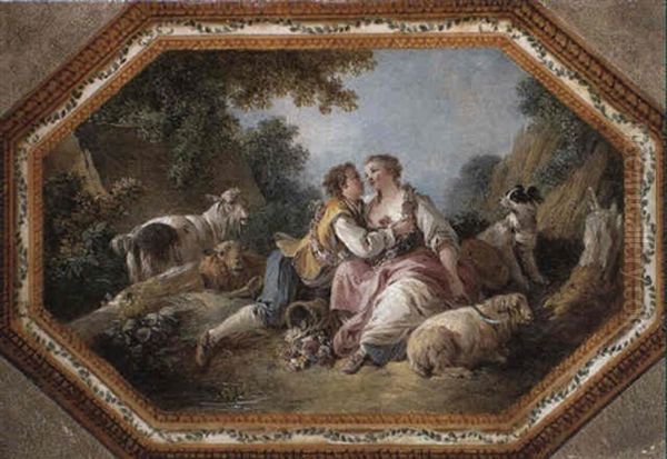 Amorous Shepherd And Shepherdess Seated By A Pool Oil Painting by Jean Baptiste Huet