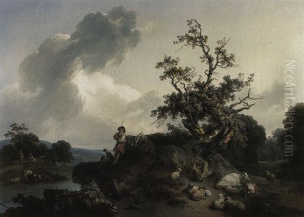 Paysage De Riviere Avec Un Jeune Berger Se Rafraochissant... Oil Painting by Jean Baptiste Huet