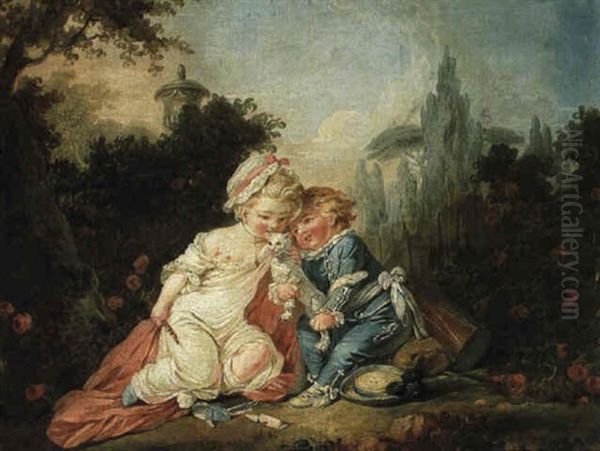 Deux Enfants Jouant Avec Un Chat Dans Un Parc Oil Painting by Jean Baptiste Huet