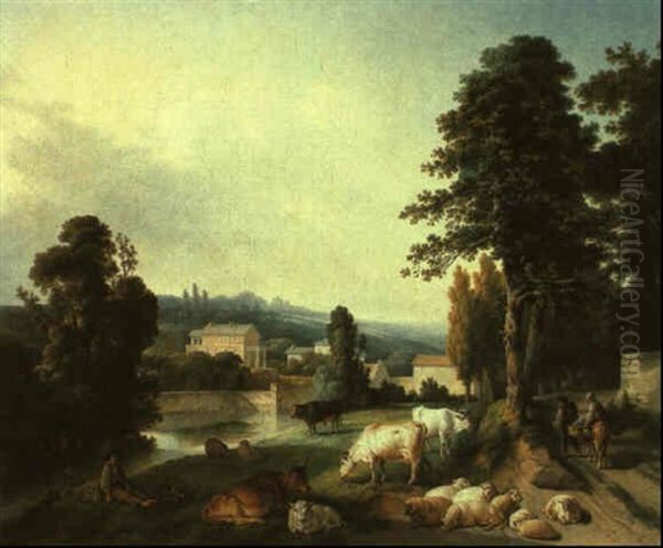 Hirte Mit Kuhen Und Schafen An Einem Flus Oil Painting by Jean Baptiste Huet