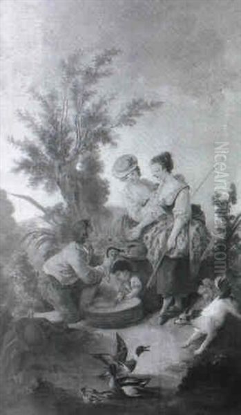 Les Duex Paysannes Et Les Jeunes Pecheurs Oil Painting by Jean Baptiste Huet