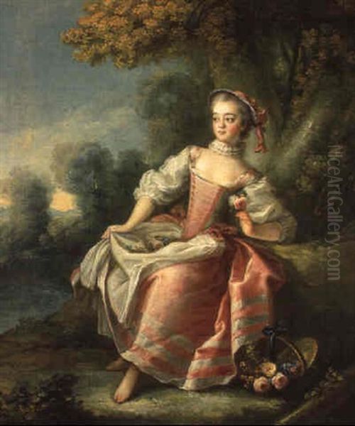 Jeune Fille Assise Dans Un Paysage Avec Un Panier De Roses Oil Painting by Jean Baptiste Huet