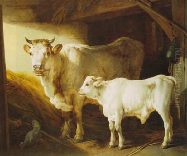 A Cow And Her Calf In A Barn Oil Painting by Jean Baptiste Huet