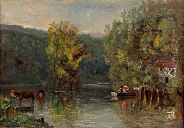 Vaches A La Riviere Oil Painting by Paul Huet